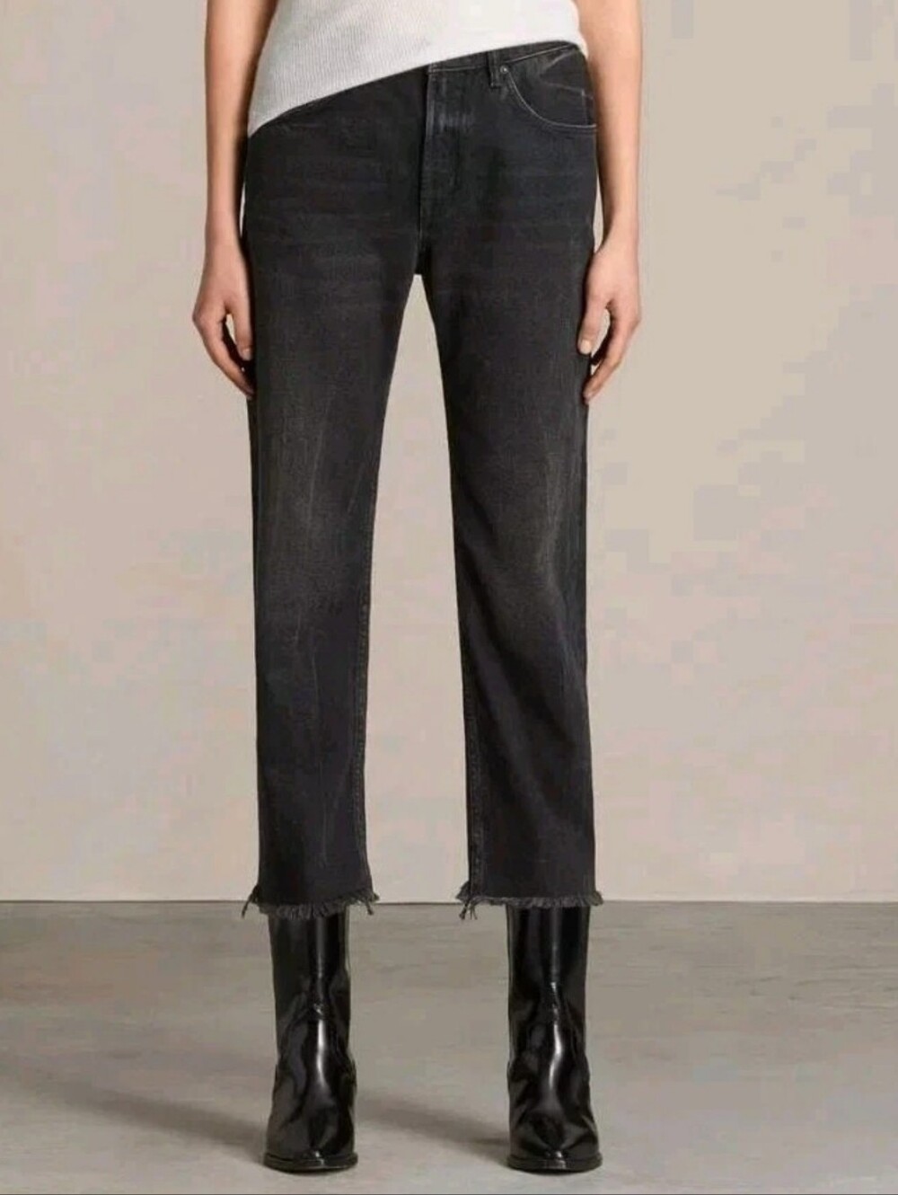 AllSaints Mazzy Cropped Straight Leg Jeans 27 Black Wash Raw Hems